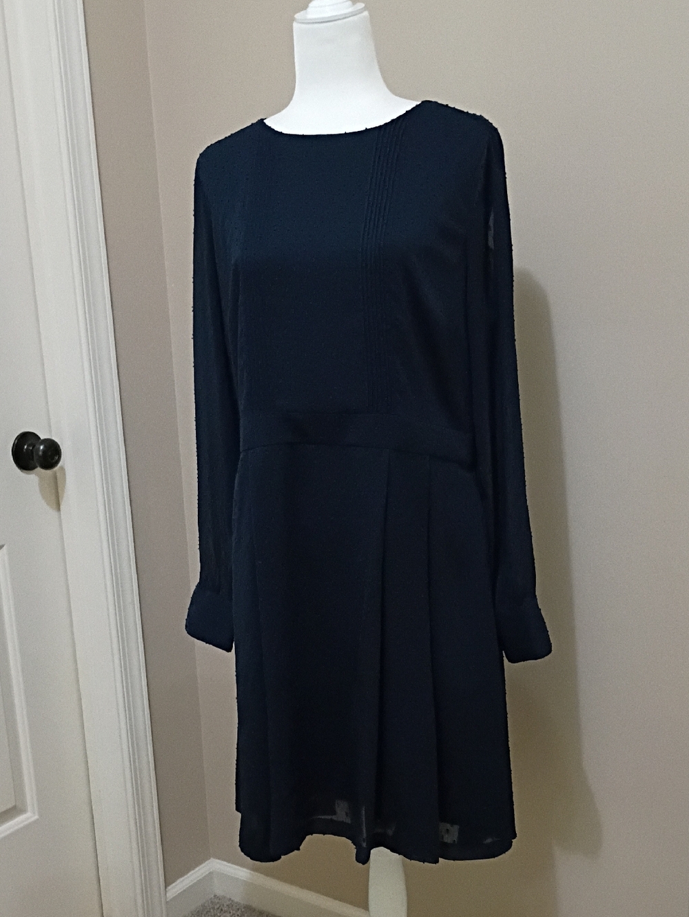 Brooks Brothers Swiss Dot Long Sleeve Dark Navy Fit & Flare Dress Size 16
